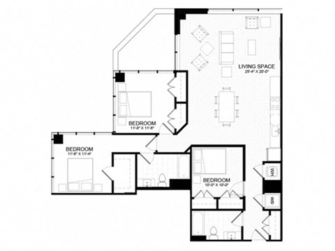 Floor plan for 3 beds, 2 baths, 1171 sqft
